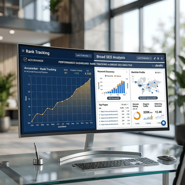 SEO dashboards comparing keyword ranking and performance tracking