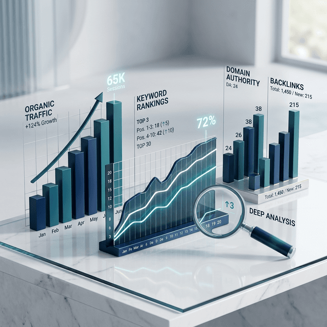SEO performance dashboard with traffic, rankings, and conversion metrics