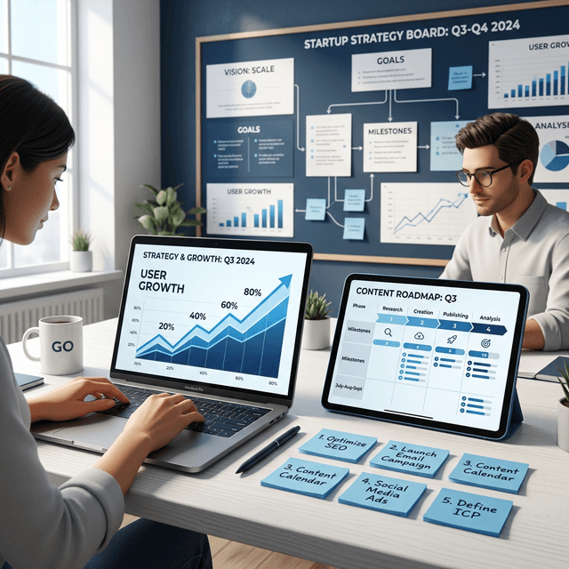 Startup team reviewing SEO strategy and growth metrics