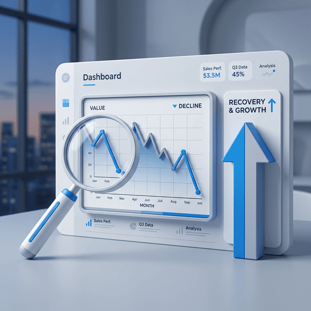 SEO analyst reviewing keyword losses and recovery trends on a search performance dashboard