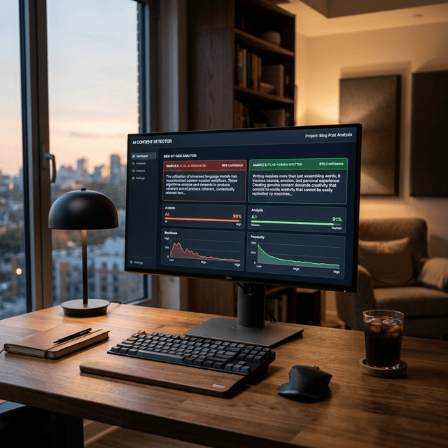 A premium, grounded photography scene of a professional workspace with a sleek monitor displaying an AI content detection dashboard, illustrating the process of distinguishing between AI and human content.