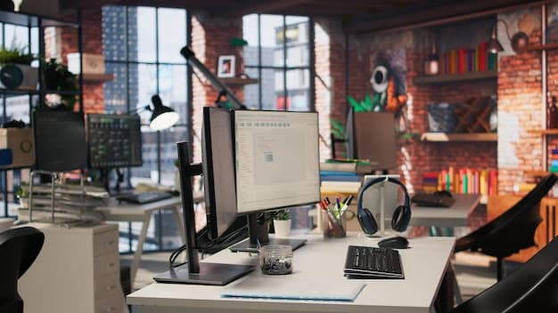 Modern workspace with multiple monitors showing data analysis and code for SEO use cases