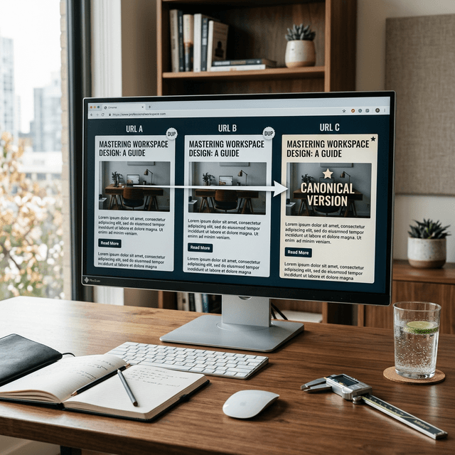 A premium, grounded photography scene of a professional workspace with a sleek monitor illustrating the concept of canonical versions for identical content.