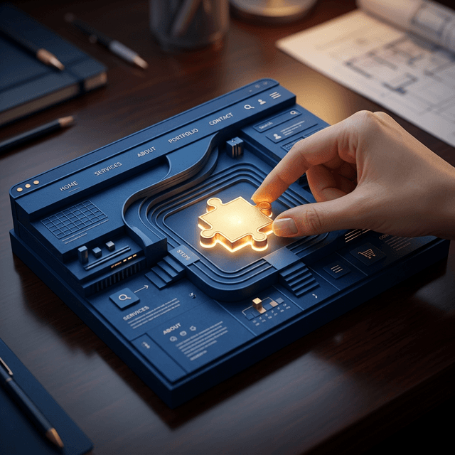 A premium 3D render of a golden puzzle piece being fitted into a blue architectural model of a website, representing structured data optimization.