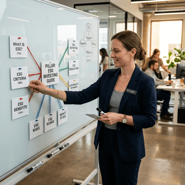 A professional SEO strategist organizing a content cluster map on a whiteboard in a modern office