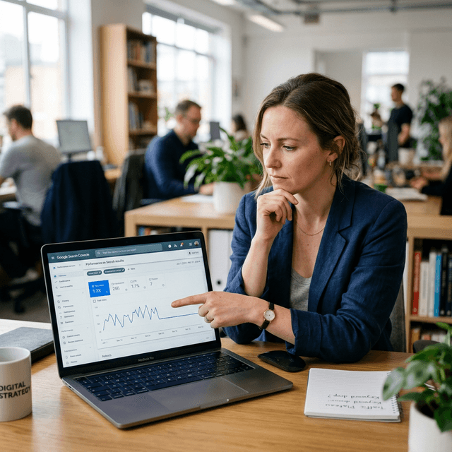 Flat traffic chart with diagnostic SEO checklist