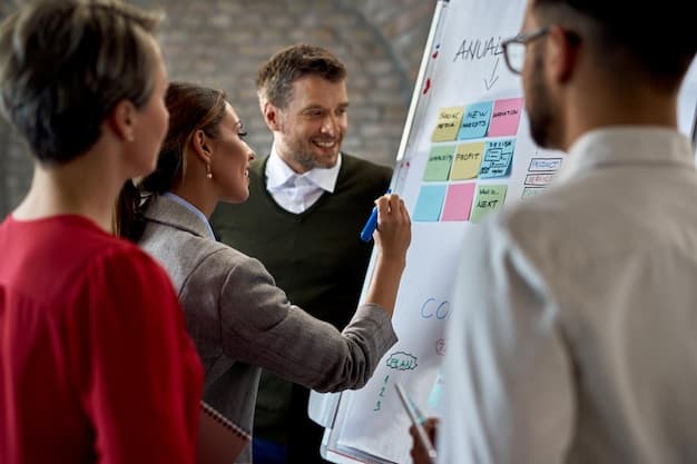 A team of professionals working together at a whiteboard, planning and organizing tasks in a realistic modern office environment